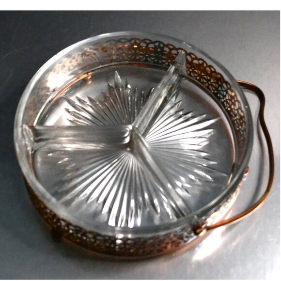 Vintage Copper And Divided Glass Serving Dish With Handle Dining Serveware - Picture 4 of 4